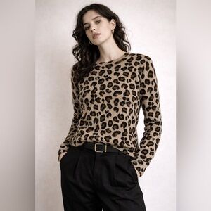 Cynthia Rowley Leopard Print Crewneck Sweater in Tan and Black